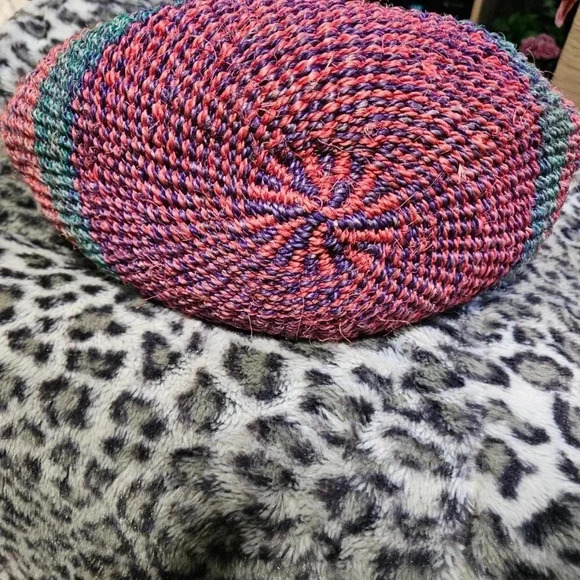 Vintage Sisal Woven Natural  Woven Blue and Pink Shoulder Basket Bag - Picture 5 of 8